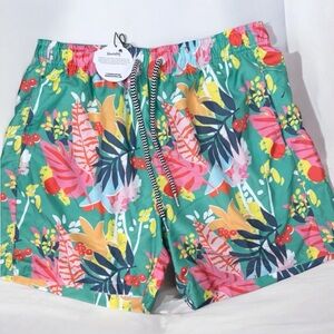 Boardies Swim Trunks Men's Size S Green Tropical Leaf Print Mid Length MARK